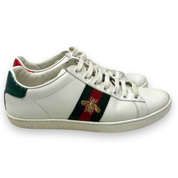 Gucci Ace Web Low Top Sneaker Embroidered Bee Motif White Leather 37.5 Women’s - Picture 2 of 14
